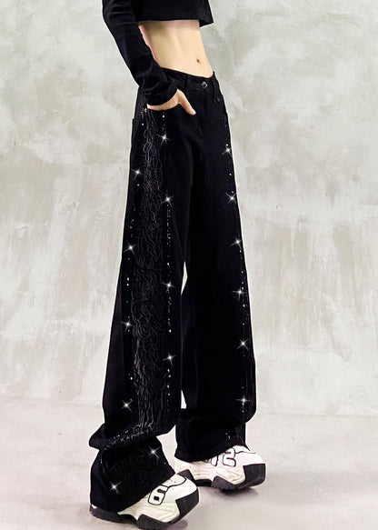 Boutique Blue Embroidered Zircon Patchwork Denim Pants Fall