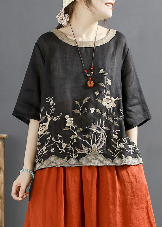 Loose Black Embroideried Low High Design Linen Top Summer
