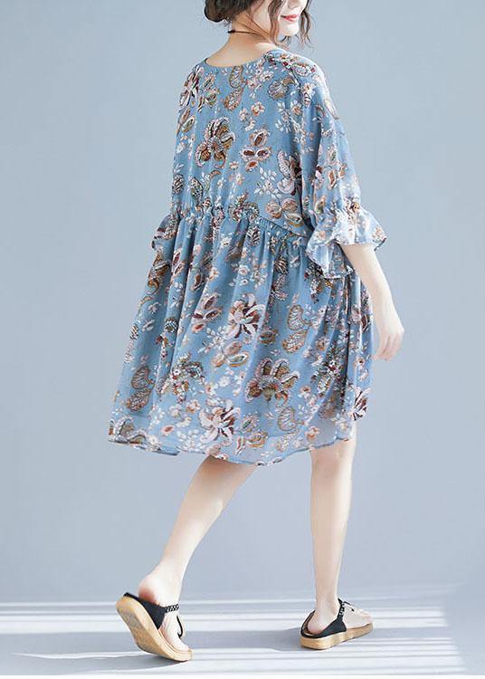 Blue V Neck Loose Print Summer Chiffon Long Dresses Half Sleeve