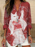 Vintage Kimono Dancing Cat Pattern Women's Linen V-neck Shirt elevenforest
