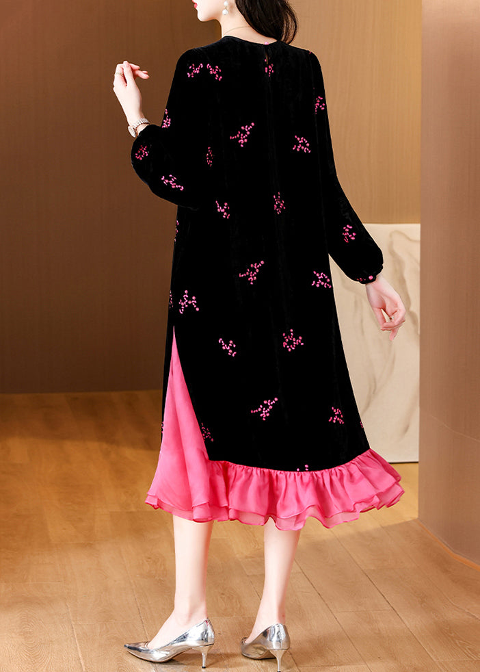 Italian Black Embroidered Pockets Patchwork Silk Velour Long Dresses Spring