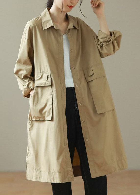 Khaki Peter Pan Collar Mid Trench Coats Long Sleeve