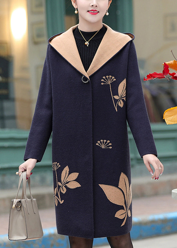 Navy Jacquard Zircon Hooded Woolen Coat Spring