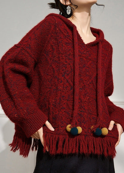 Natural Red Drawstring Cotton Knit Hooded Sweater Fall