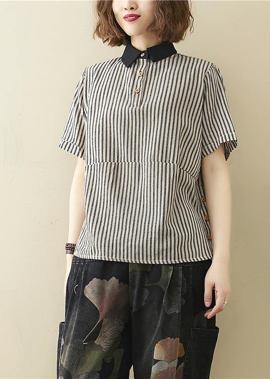 French Black Striped Turn-down Collar Linen Summer Top