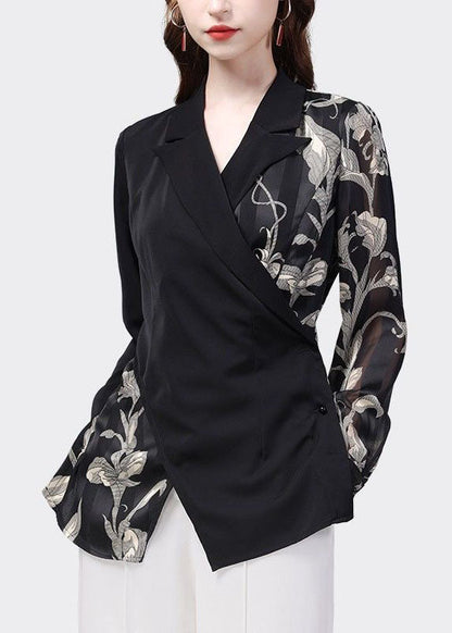 Black Peter Pan Collar Patchwork Print Chiffon Shirt Top Spring