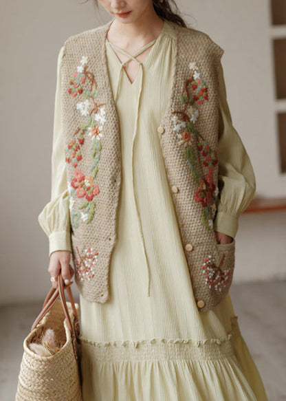 Khaki Embroideried Button Patchwork Knit Waistcoat Sleeveless