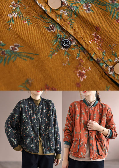 Yellow Print Fine Cotton Filled Coat Stand Collar Long Sleeve Winter