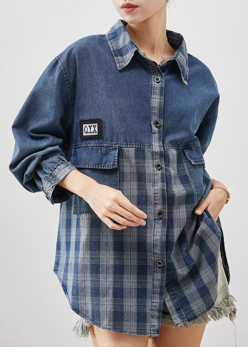 Diy Blue Oversized Patchwork Plaid Denim Coats Spring