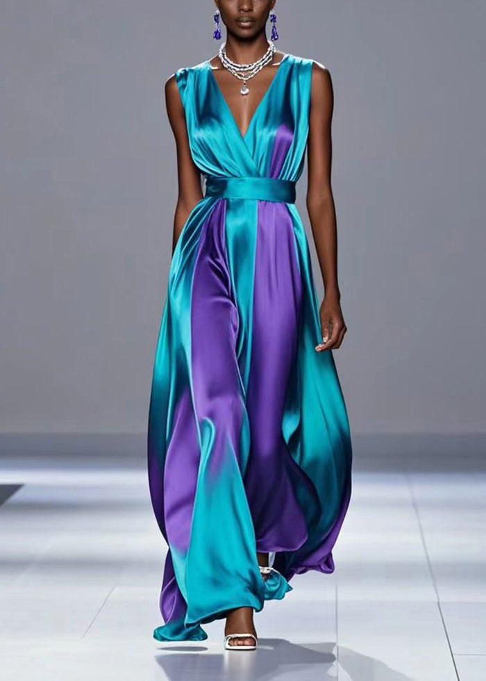 Dull Green Cinched Patchwork Silk Vacation Dresses Sleeveless Summer