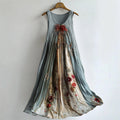 Vintage Roses Floral Flowy Linen Maxi Tank Dress artswardrobe