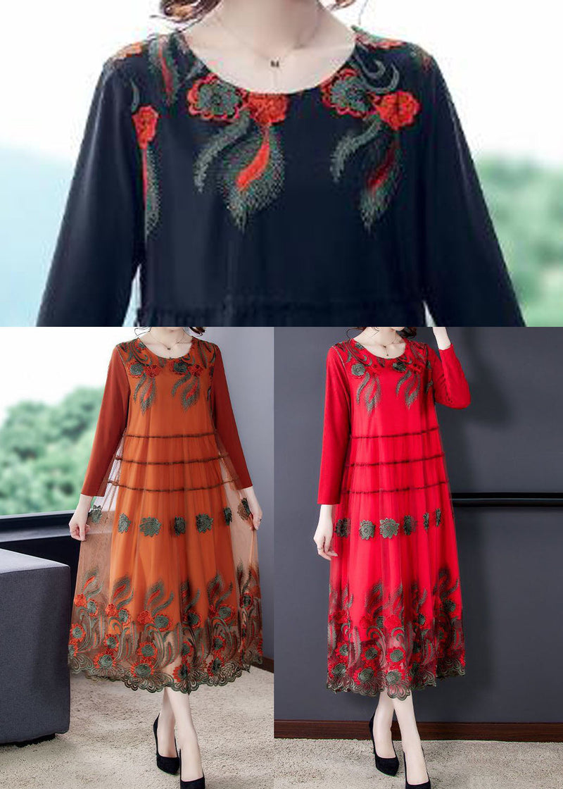 Red Tulle Long Dresses O-neck Embroideried Spring