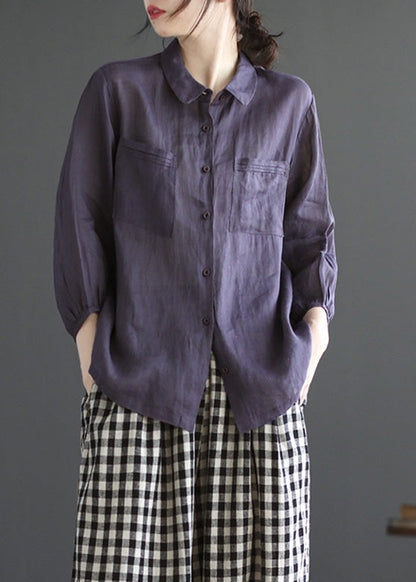 Loose Purple Peter Pan Collar Patchwork Button Ramie Shirt Long Sleeve