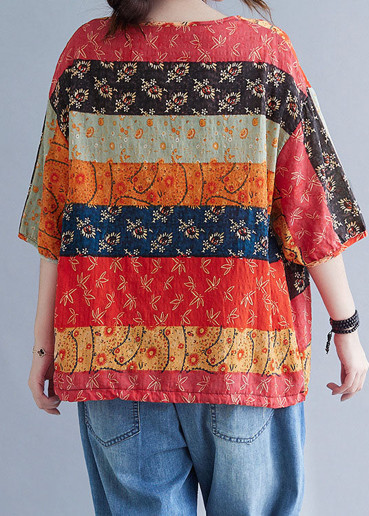Print V Neck Patchwork Loose Drawstring Fall Blouses Half Sleeve