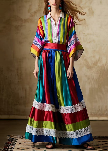 Striped Patchwork Exra Large Hem Silk Skirts Spring