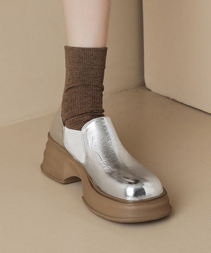 Gold Platform Cowhide Leather Splicing Loafers for