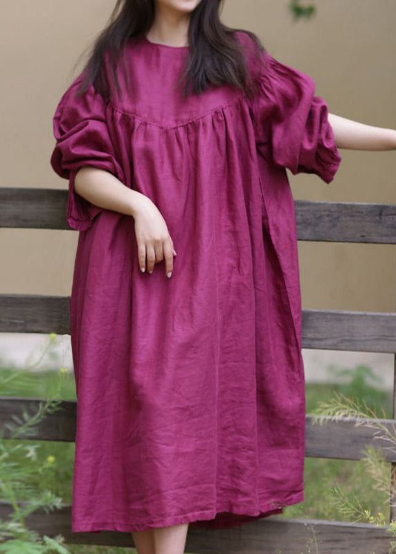 Loose Rose O Neck Button Cotton Long Dress Fall