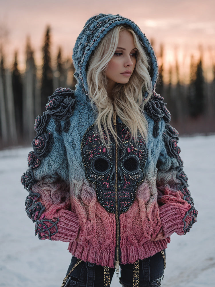Women's Vintage Celtic Skull Gradient Art Cozy Knitted Hooded Cardigan elevenforest