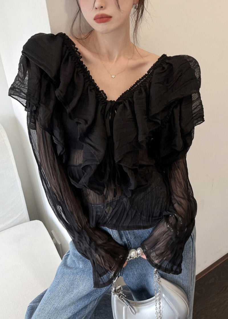 Black V Neck Ruffled Chiffon Shirts Long Sleeve