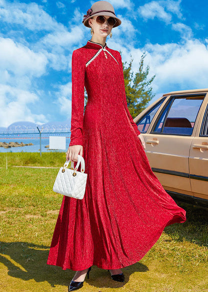 Red Mandarin Collar Exra Large Hem Holiday Dress Spring