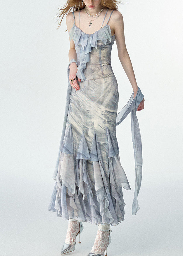 Print Ruffled Chiffon Long Spaghetti Strap Dresses Summer