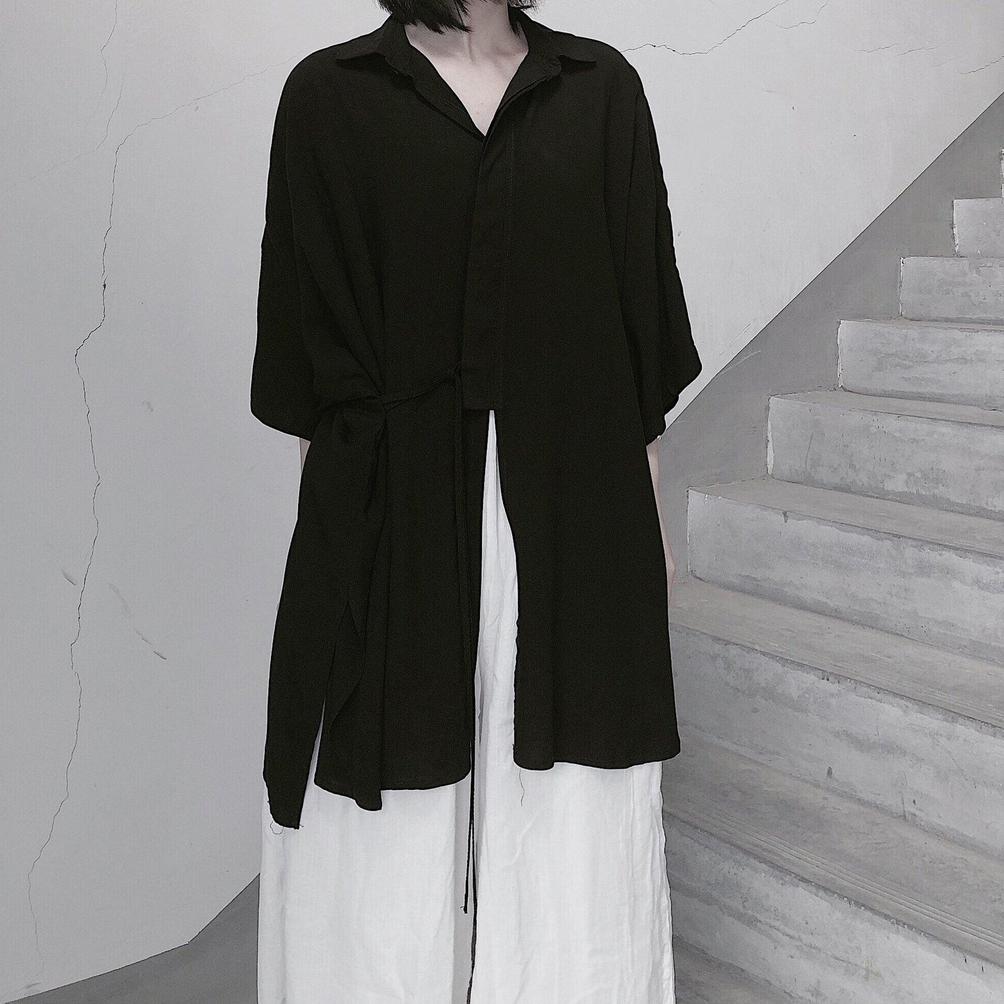 Diy Lapel Batwing Sleeve Blouses for Photography Black Top