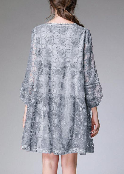 Grey Long Sleeve Lace Summer Maxi Dresses