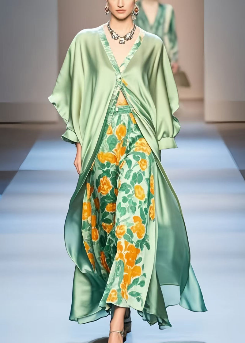 Original Design Green Print Silk Long Dress Batwing Sleeve Spring
