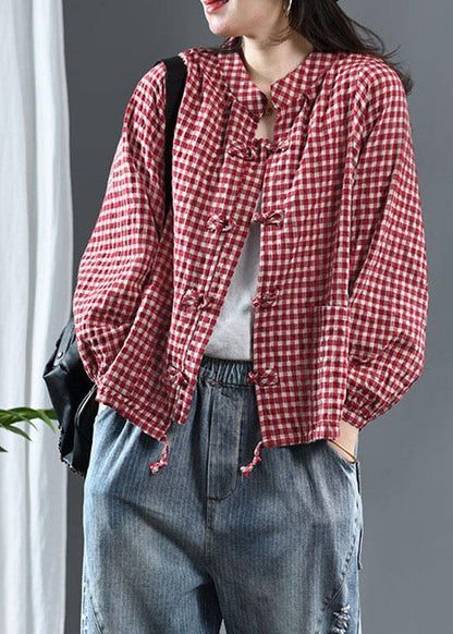 Red Plaid Tie Waist Patchwork Fall Trench Long Sleeve