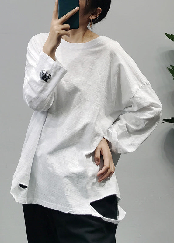 Modern White O-neck Hole Patchwork Cotton Top Long Sleeve