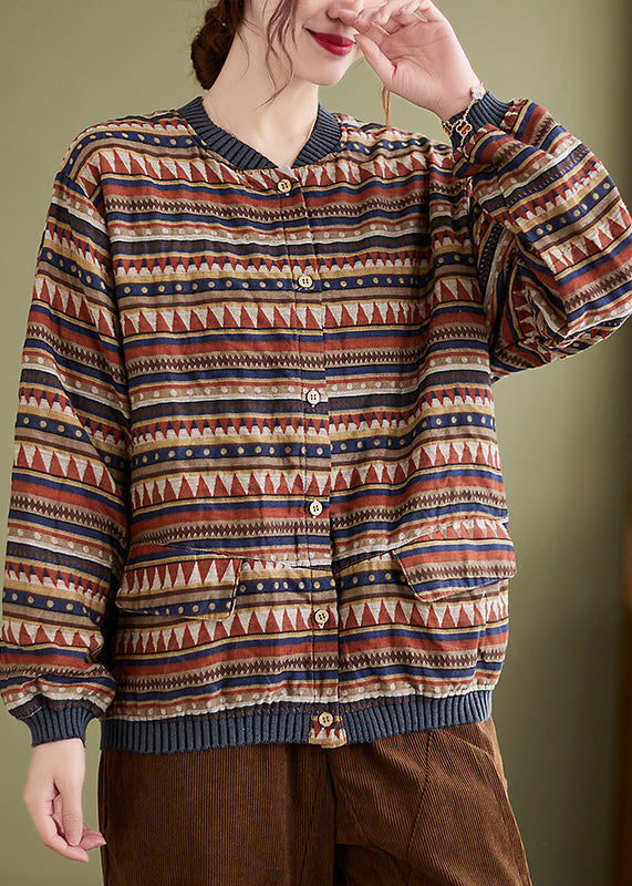 Chocolate Stand Collar Pockets Print Coat Long Sleeve