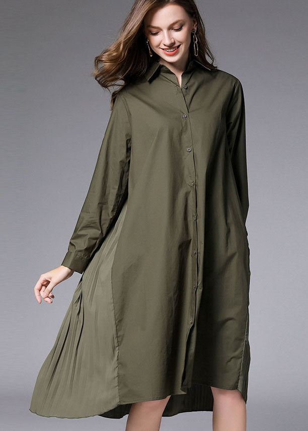 Army Green Wrinkled Cotton Vacation Shirts Dresses Peter Pan Collar Spring