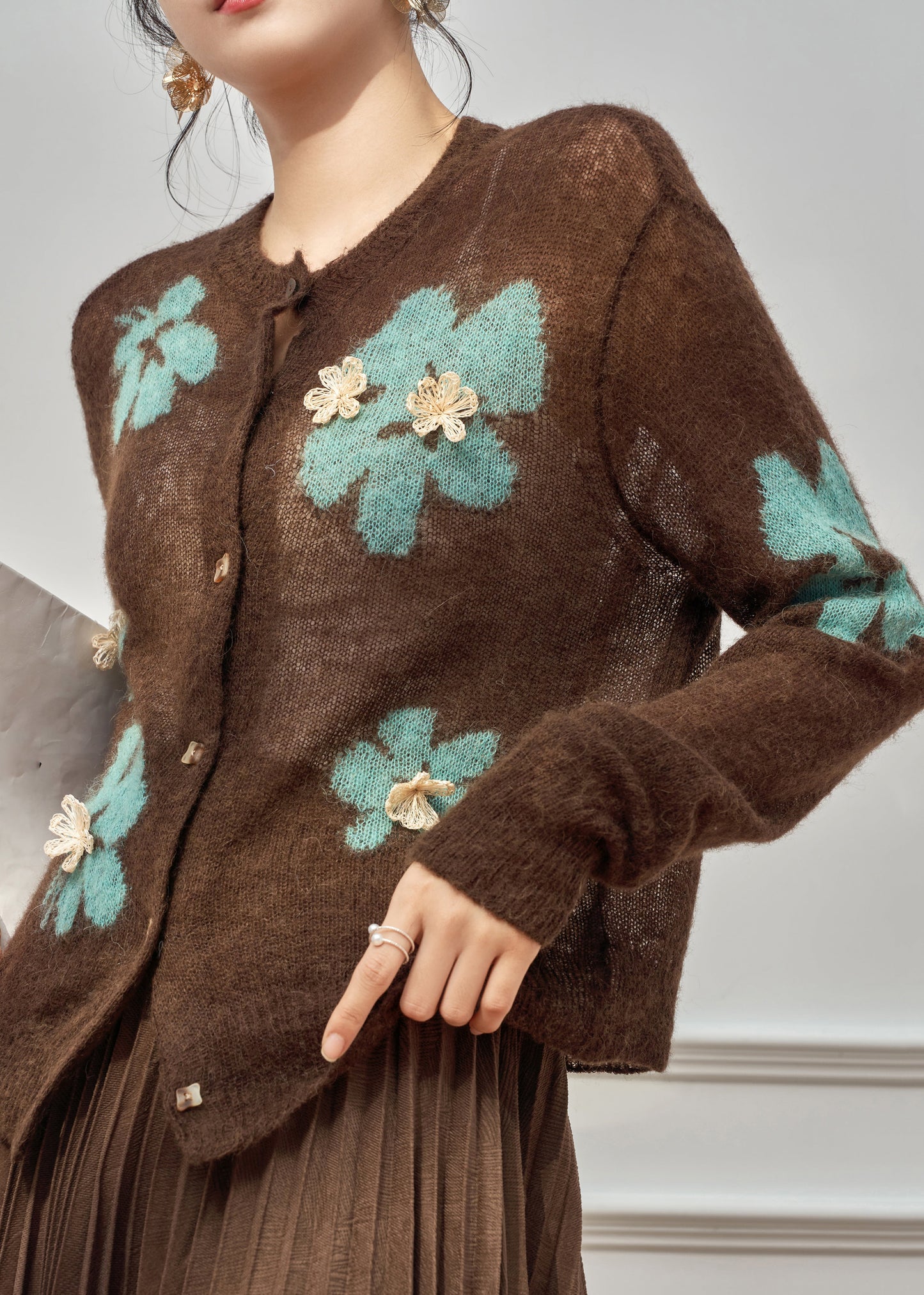 Coffee O-neck Patchwork Button Cotton Knit Cardigan Fall