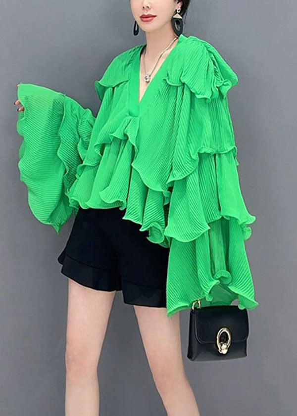 Green Asymmetrical Ruffled Patchwork Chiffon Tops Spring