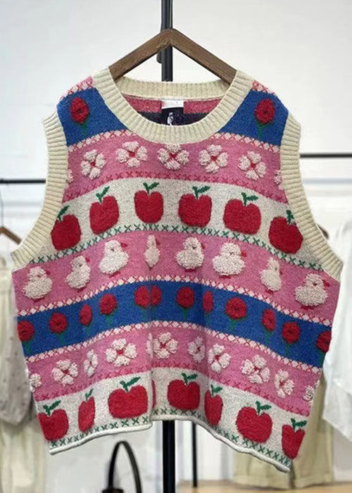 Pink Embroideried Patchwork Cozy Cotton Knit Waistcoat Sleeveless