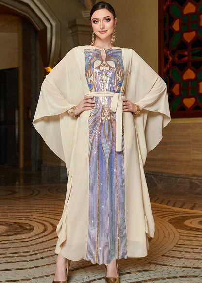 Fitted Beige O-neck Print Patchwork Tie Waist Chiffon Maxi Dress Fall