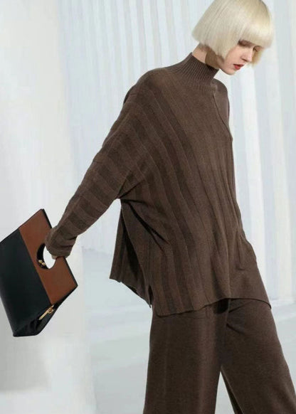 Dark Khaki Turtle Neck Thick Asymmetrical Design Wool Sweater Long Sleeve