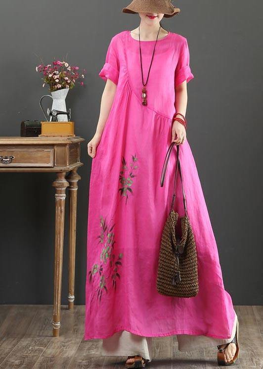 Rose Print Asymmetrical Design Party Summer Linen Dress