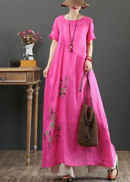 Rose Print Asymmetrical Design Party Summer Linen Dress
