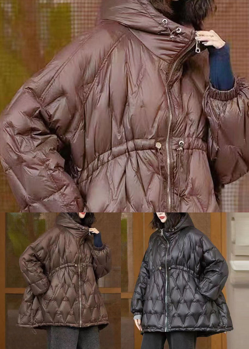 Coffee Hooded Drawstring Patchwork Cotton Coat Winter