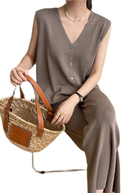 Stylish Coffee V Neck Tops and Pants Knit Two Piece Set Summer