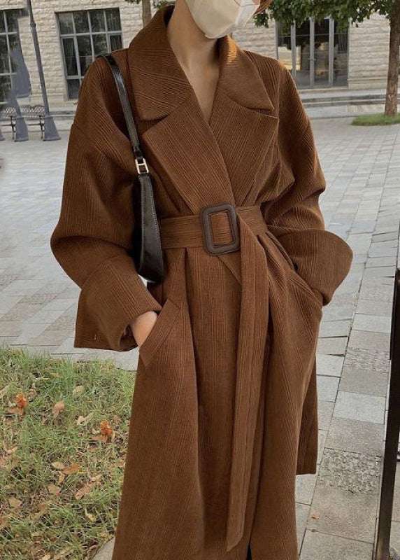 Brown Notched Pockets Sashes Trench Coat Spring