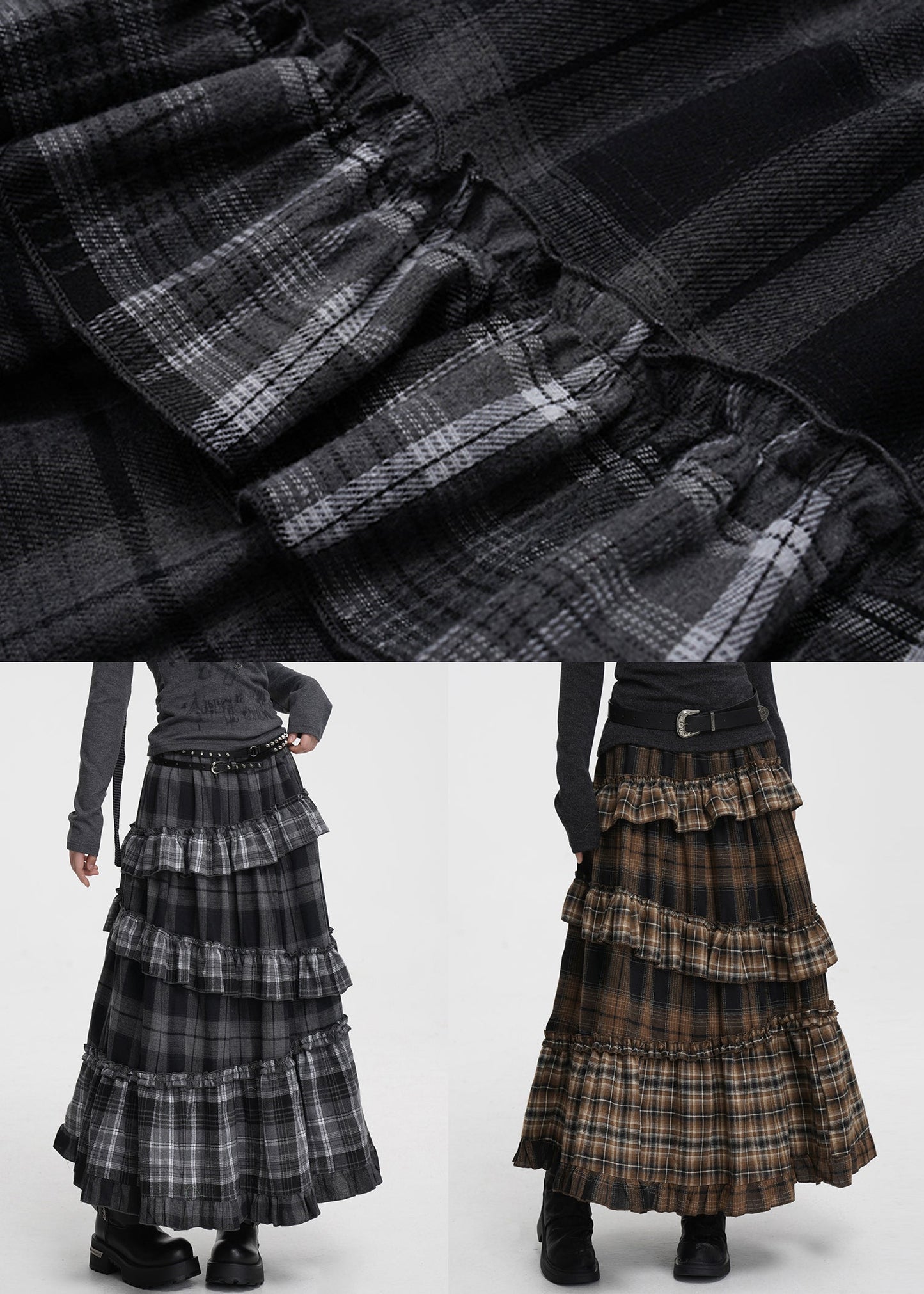 Coffee Ruffled Plaid Elastic Waist Cotton Skirts Spring