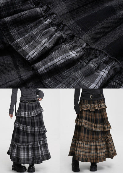 Coffee Ruffled Plaid Elastic Waist Cotton Skirts Spring