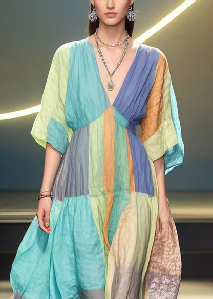 French Rainbow V Neck Patchwork Cotton Holiday Dress Summer