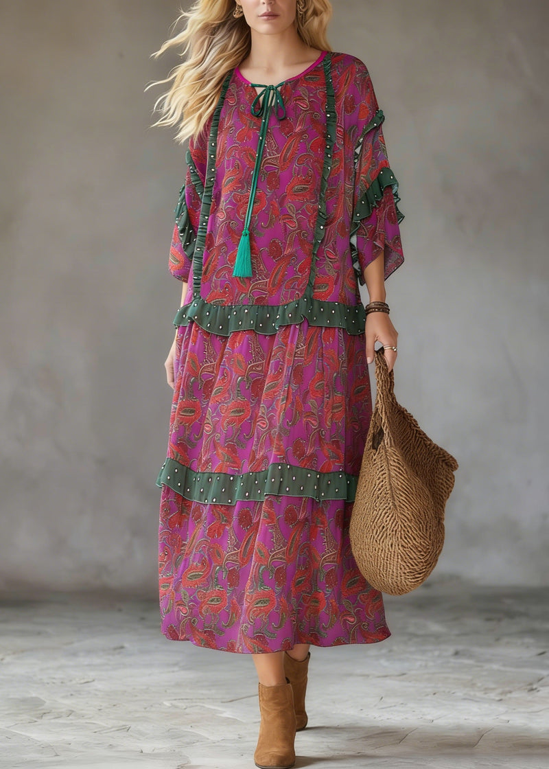 Purple Red Print Ruffled Chiffon Party Dress Summer