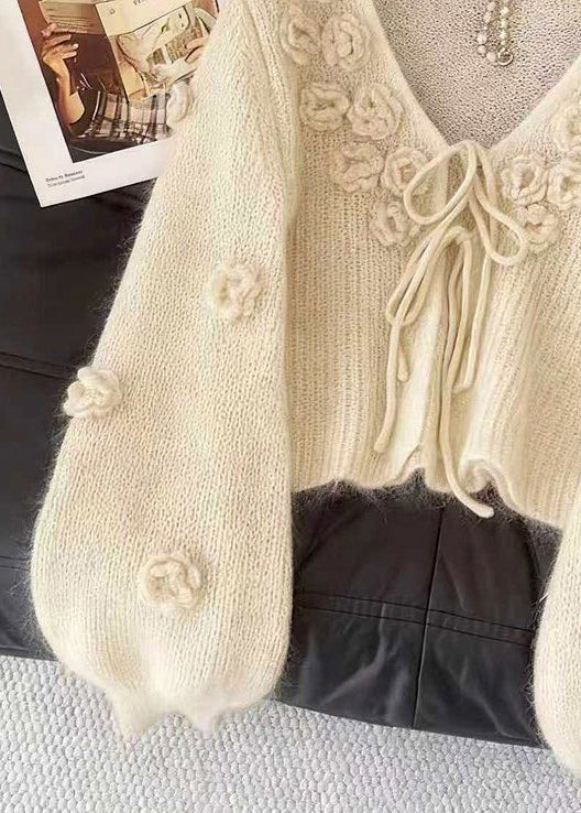 Beige V Neck Lace Up Cozy Knit Cardigan