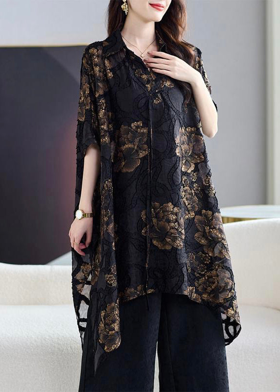 Black Asymmetrical Print Chiffon Cardigans Summer