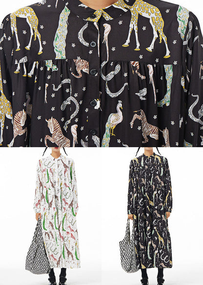 Black Stand Collar Animal Print Patchwork Cotton Shirts Dress Spring