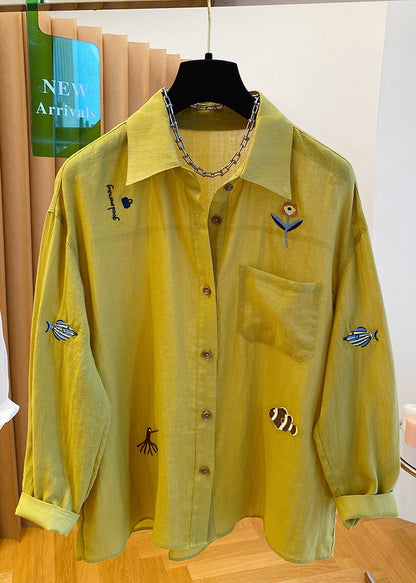 Natural Yellow Peter Pan Collar Print Cotton Shirt Tops Fall